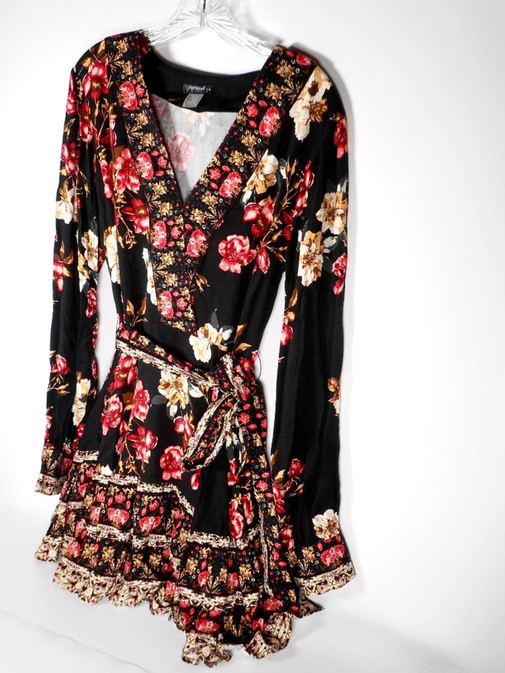 Venus Black Floral Rose Womens 14 Party Cocktail Dress Fit and Flare Long Sleeve - Picture 2 of 9